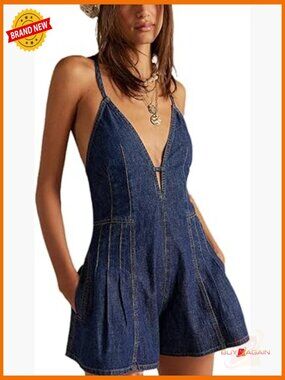 Spaghetti Strap Denim Romper Sleeveless V Neck Backless Tie-Up Jean Short